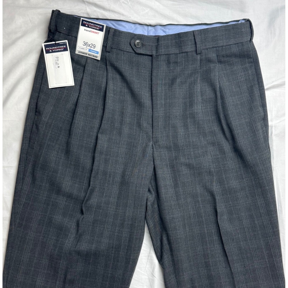 Roundtree & Yorke Mens 36x29 Charcoal Gray Check Plaid Pleated Dress Pants - Picture 8 of 16